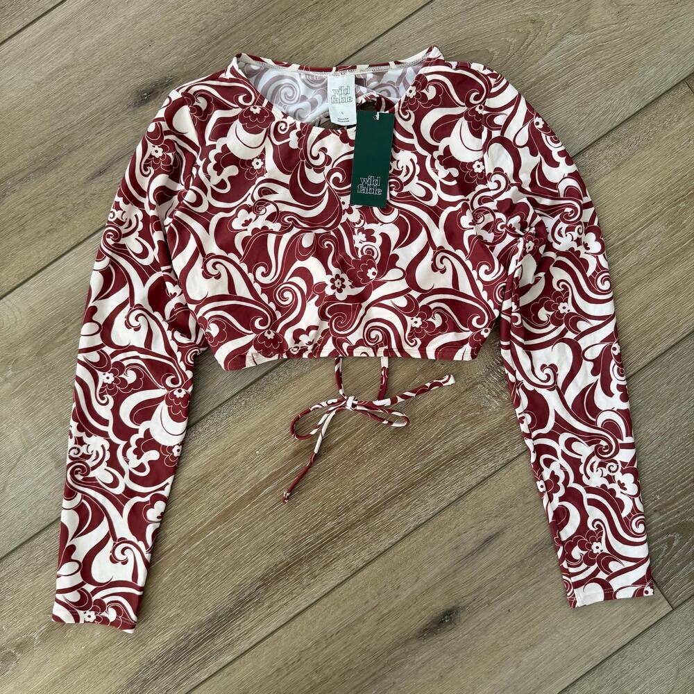 NWT Wild Fable Long Sleeve Swim Shirt with Tie Back in Brown Floral Size Large